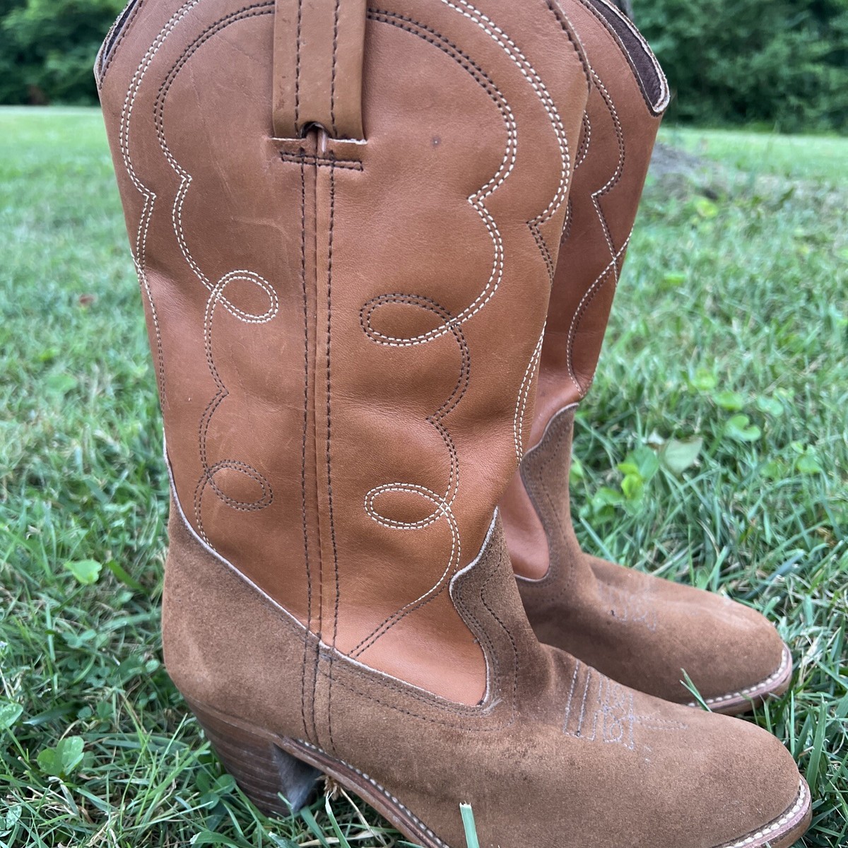 Womens Vintage 70s DEXTER Brown Leather Wood Heel Western Cowboy