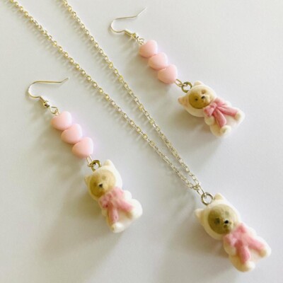 Handmade Y2k Kawaii Fluffy Flocked Teddy Bear Jewellery Set