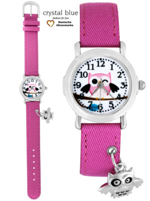 Kinder Armbanduhr Mädchen Uhr Kinderuhr Charm Eule am Textilarmband Uhren  rosa