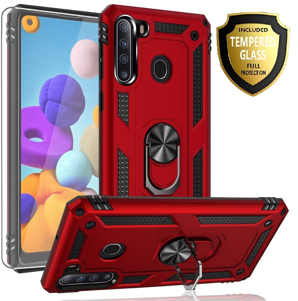 Samsung Galaxy A21 Red Hybrid Metal Ring Shockproof Case Cover