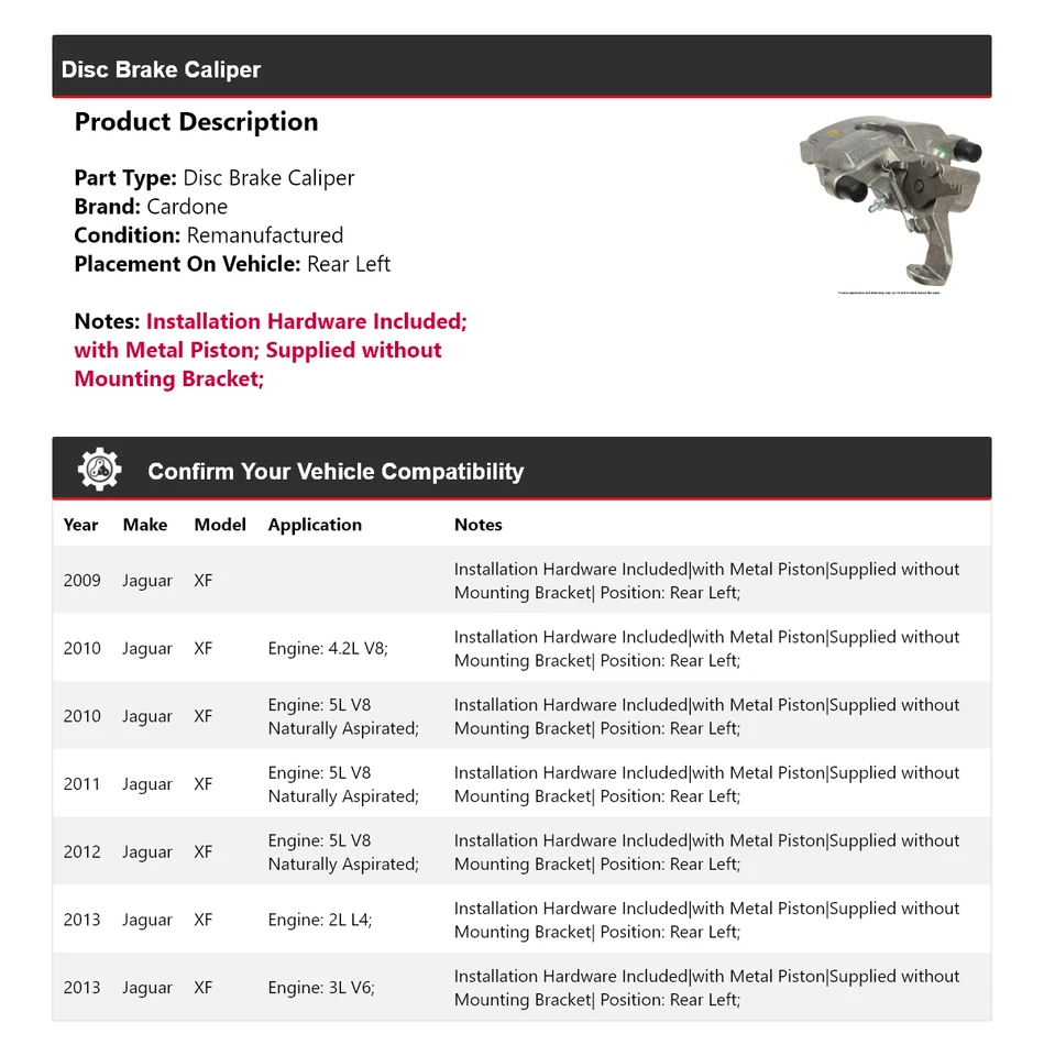 Задний левый суппорт дискового тормоза Jaguar XF 2009-2013 годов выпуска Cardone 2010 2011 2012 годов выпуска - Изображение 2 из 4