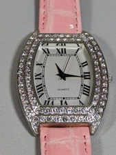 Silver Tone Crystal Accent Rectangle Case Pink Faux Leather Band Watch