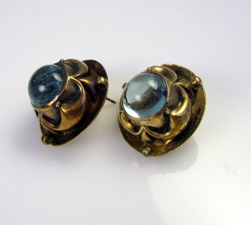 Estate Huge Bold Vintage Unique Sterling Silver Blue Topaz Dome Pierced Earrings - Picture 4 of 6
