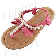 New girl's kids elastic sandals Fuchsia bow pearl beads casual open toe summer