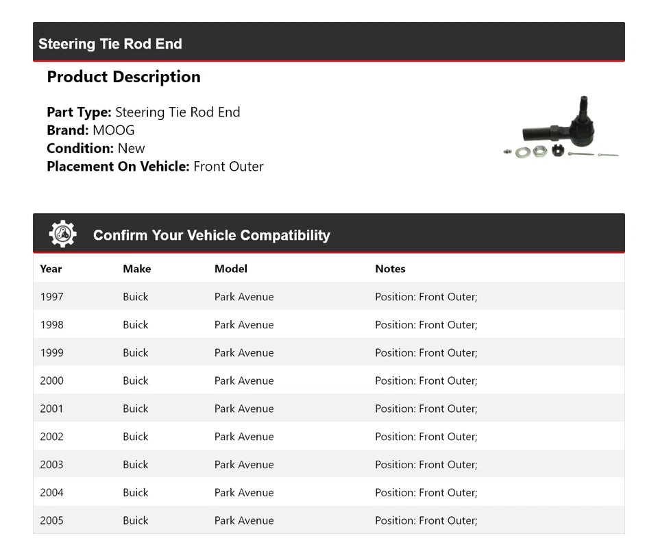 Для 1997-2005 Buick Park Avenue конец рулевого троса передний внешний MOOG 1997 1998 - Изображение 2 из 4