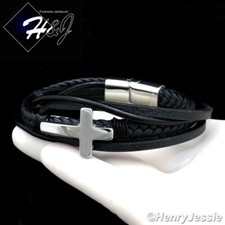 8.5"MEN WOMEN Stainless Steel Black Braided Leather Silver Cross Bracelet SB109