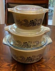 Vintage Pyrex Homestead Tan Blue Folk Glass Casserole Dishes w/ Lids 6-pc Set EC