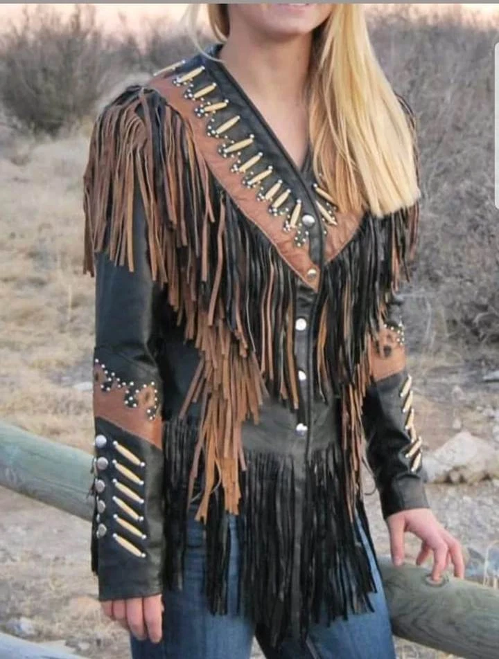 Women's Western Wear Cowgirl Fringe Real Cowhide Split Leather Jacket Bones Stud