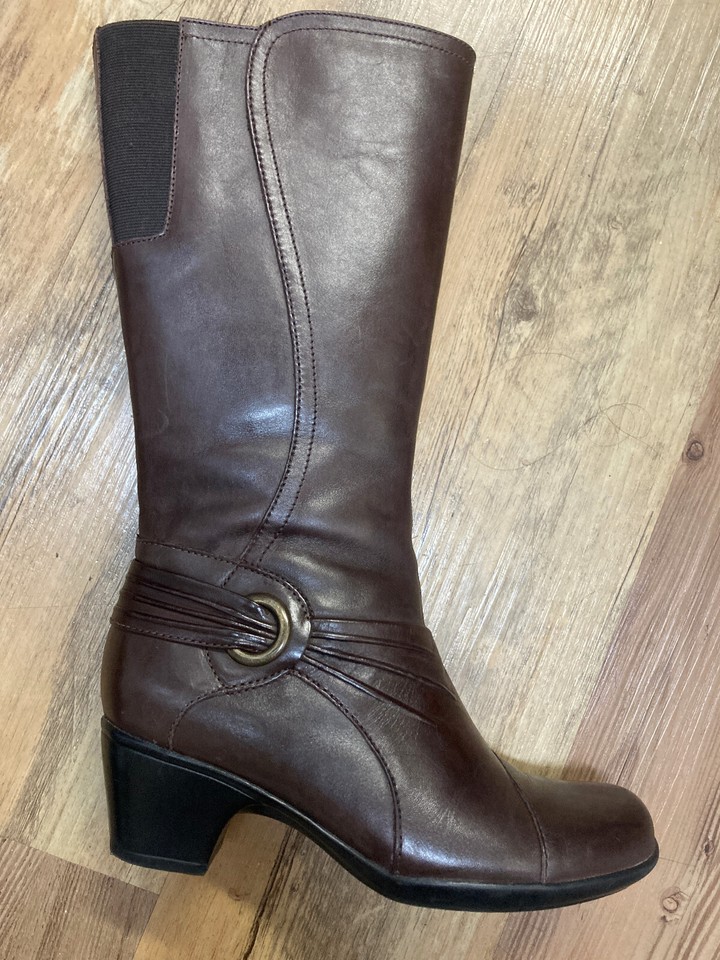 Clarks Women's Wish Excite Brown Leather Knee High Boots Shoes, Side