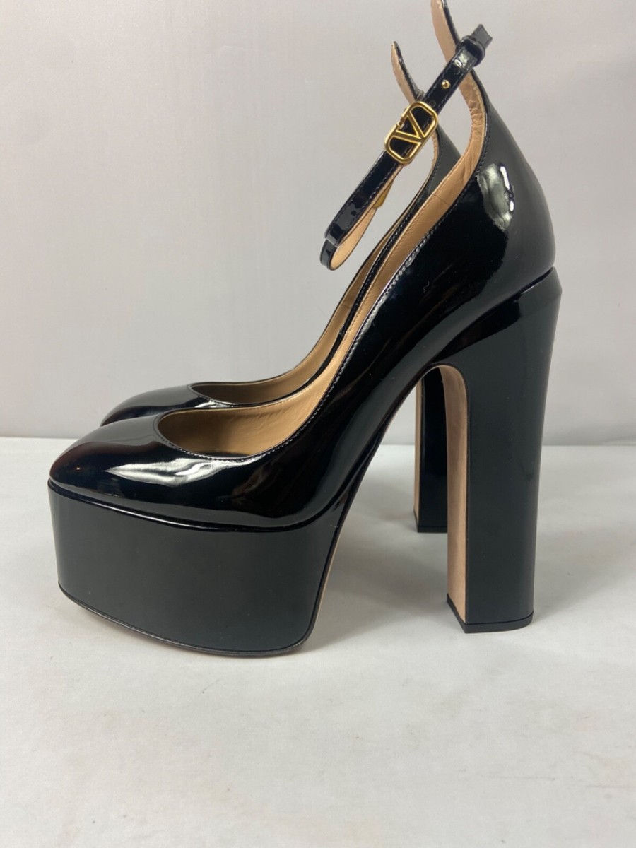 VALENTINO GARAVANI ブラックハイヒール 37.5 VALENTINO GARAVANI Black Leather Half Bow Block Heel Pumps