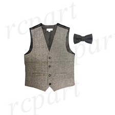 New formal Men's wool tweed blend slim fit vest waistcoat Bow tie Black Grey