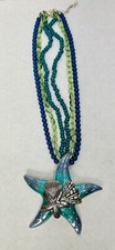 Silver Tone Blue  Green Enamel Starfish Pendant Multi-Strad Necklace Beachy