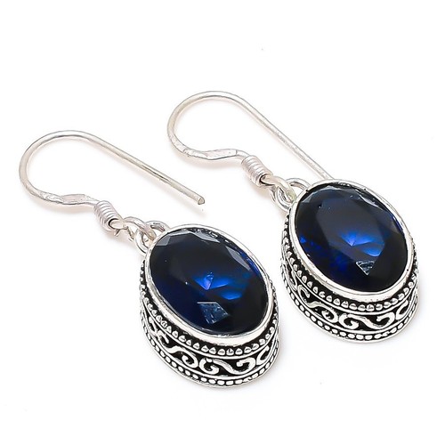 Handmade London Blue Topaz & Sterling Silver Drop Earrings - 1.20 Inches, 925 Silver, Hook