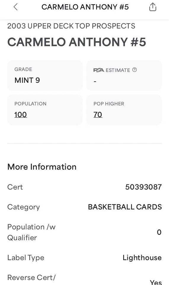 2003 UD Top Prospects #5 Carmelo Anthony PSA 9 OFFERS WELCOME WILL COMBINE SHIP - Image 3 of 3