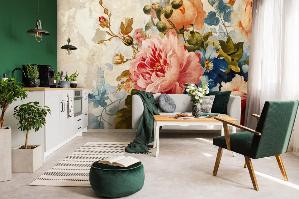 Women bedroom Wallpaper Mural 312x219cm large floral colorful pink beige blue - Image 2 of 4