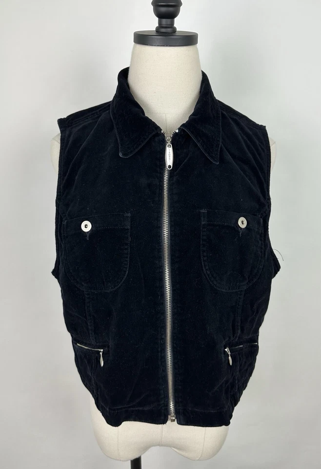 Vintage 90s Vest Womens M / L Black Velvet Full Zip Biker Grunge Minimalist - Image 2 of 4