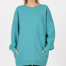 Zenana Sweatshirt Womens Oversize Crew Neck Long Line Pockets Light Teal M XL
