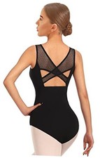 Women Ballet Lace Short Sleeve Dance Leotard Tank, Hollow Medium Black-mesh