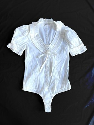 Dress Queen white Puffed Sleeve Bodysuit Slim fit Pleated Collar sequins ties XS