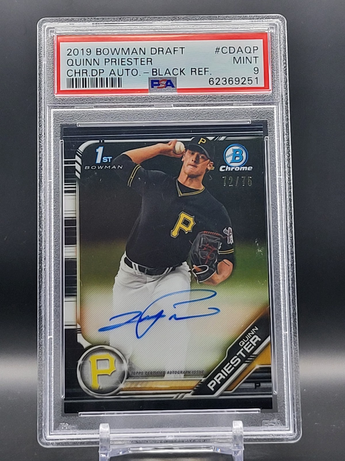 Quinn Priester 2019 Bowman Chrome Draft Picks Black Refractor Auto #/75 PSA 9