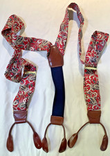 Mens 100 silk Suspenders braces Red paisley Leather button Tab gold Classic 80s