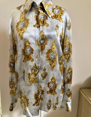 Escada  Margaretha Ley light Silver color Blouse clocks design Silk Sz:Medium/36
