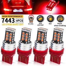4x 7443 7440 LED Red Strobe Flash Blinking Brake Stop Tail Parking Light Bulbs