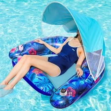 XL Pool Float Chair with Canopy & Cup Holder - Heavy Duty Inflatable Blue