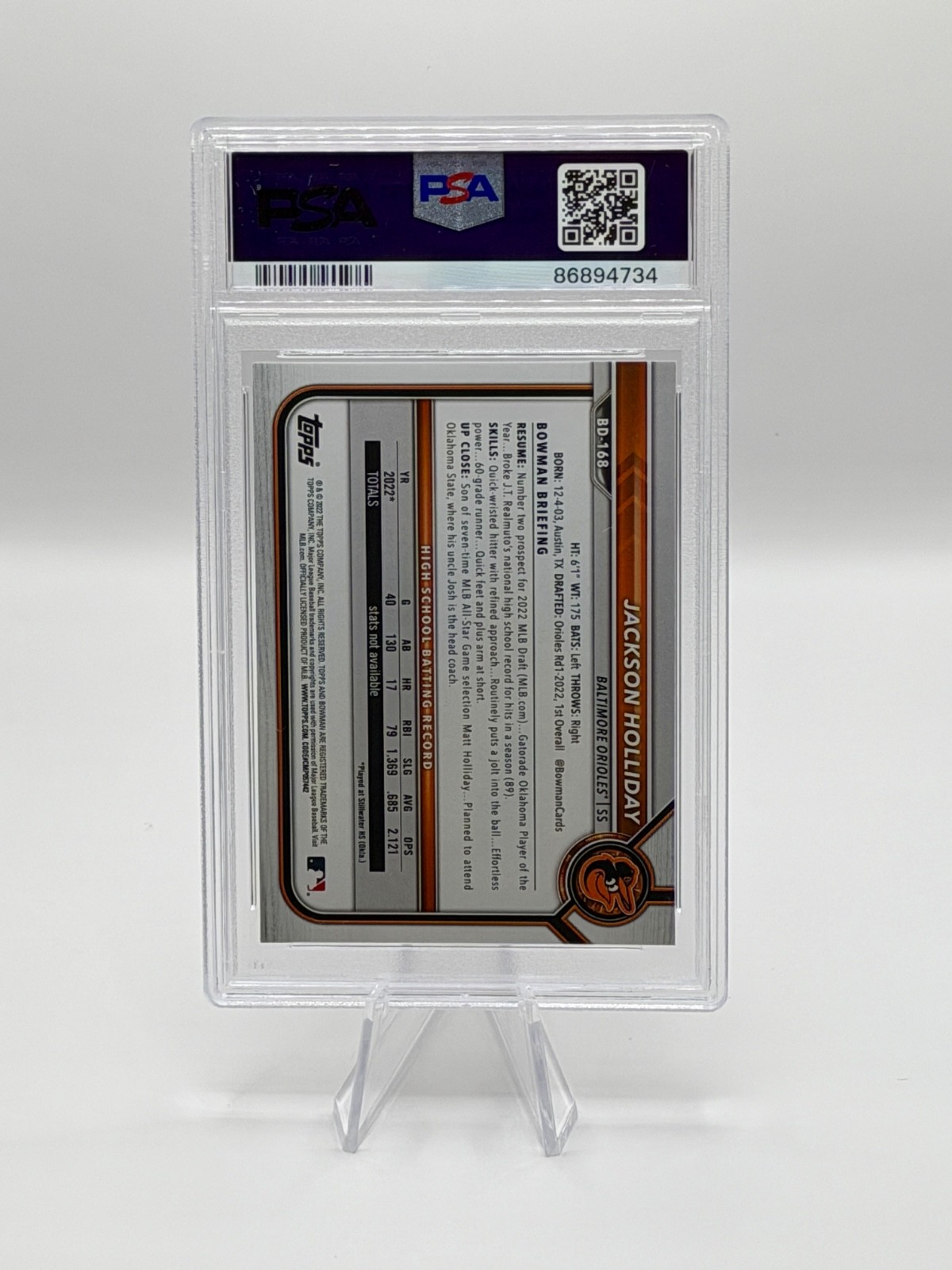2022 Bowman Draft 1st Edition Jackson Holliday #BD-168 Orioles PSA 10 GEM MINT view 2