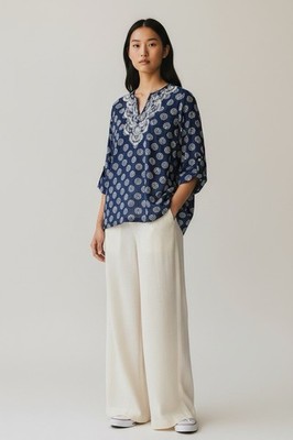 Talbots Floral Embroidered Beaded Boho Top Women s Xp Blue Festival Peasant