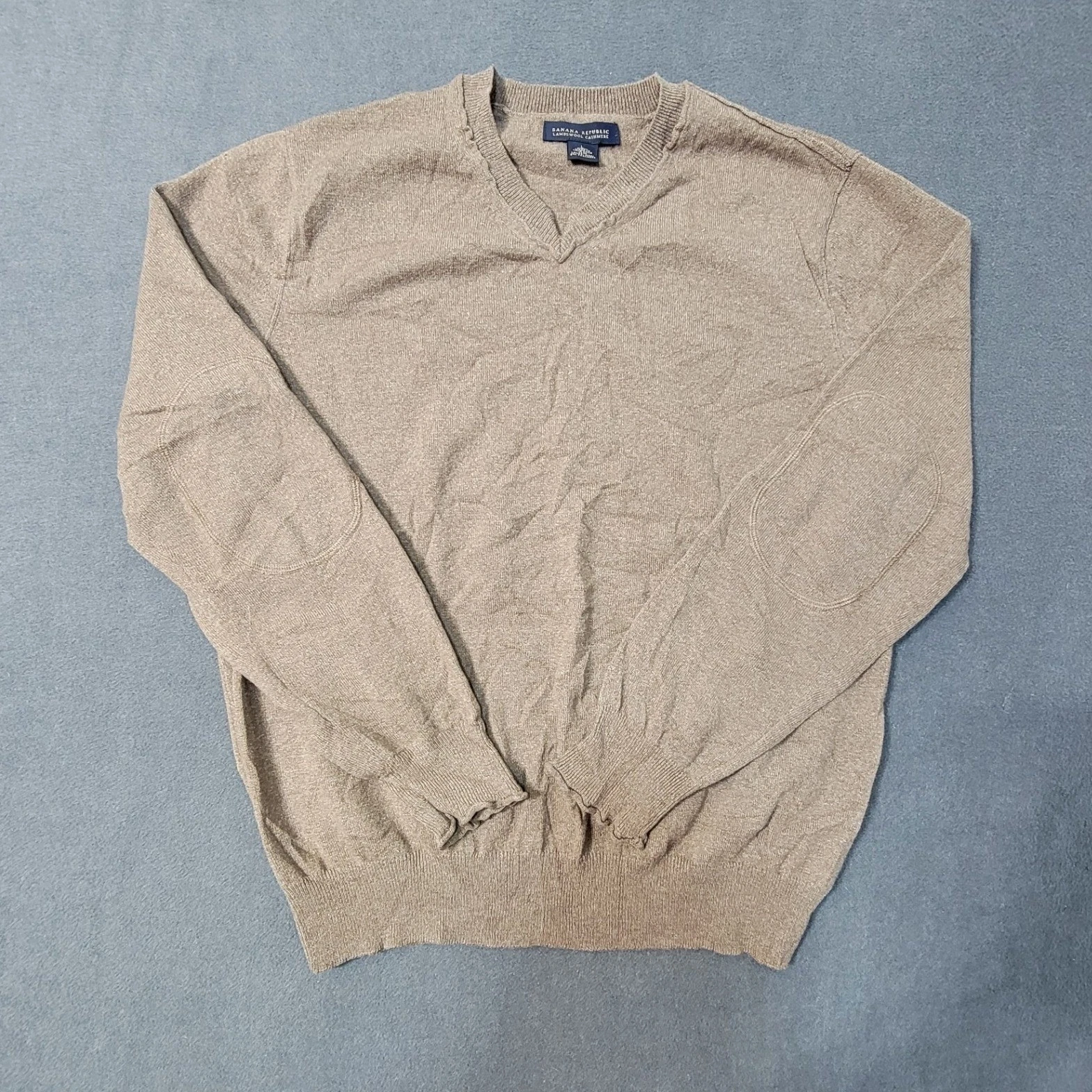EUC Banana Republic Men-L Tan Lambswool Cashmere V-Neck Sweater Elbow Patches