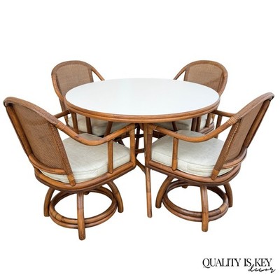Vintage Hollywood Regency Bentwood Rattan Bamboo Swivel Chair Dining Set - 5 Pcs