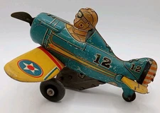 Marx Tin Windup Number #12 Blue And Yellow Roll Over Plane Toy "Look"