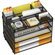 5 Tier Paper Letter Tray with 3 Drop-in Pen Holders Mesh Desk File Organizer