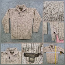 Suéter Inis Crafts Para Hombre Pequeño Beige Lana Merino Chal Cuello Pullover Irlanda