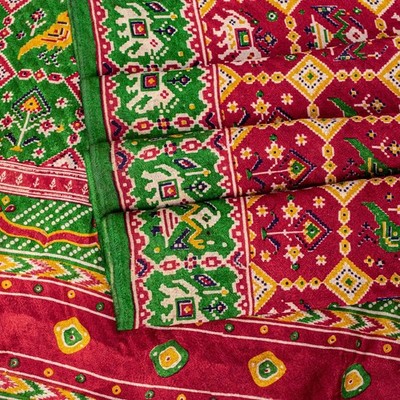 Sanskriti Vintage Red Pure Silk Saree Double Ikat Hand Woven Patan Patoal 6+Yd