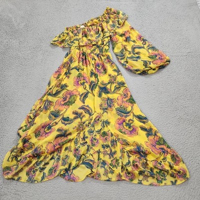 Misa Dress Womens Medium Yellow Floral Vola Assymetric One Shoulder Midi Chiffon