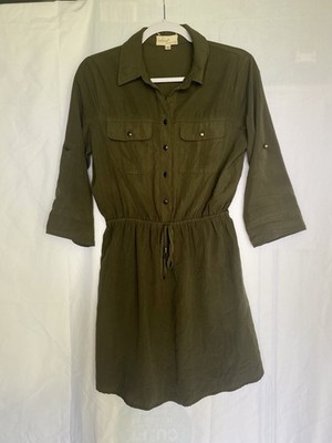Bebop Olive Green Shirt Dress collared 3/4 Sleeve Pockets Drawstring,  Medium 