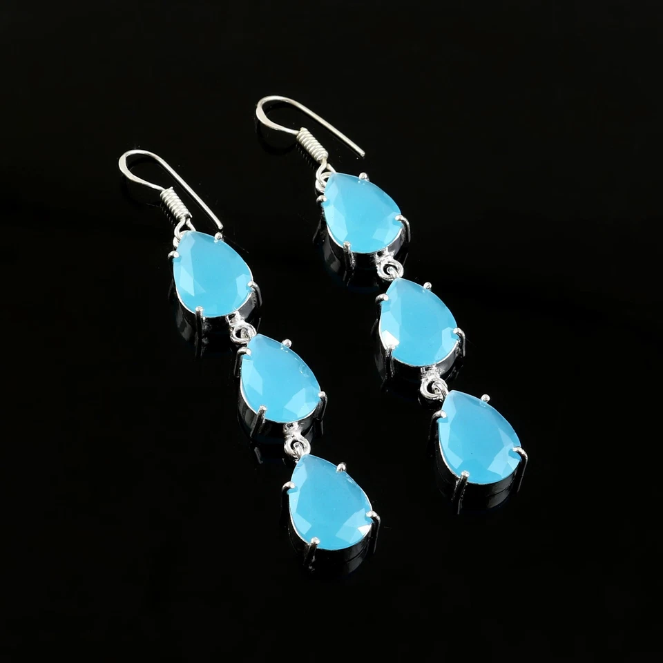 Blue Chalcedony Quartz Gemstone Silver Plated Dangle Earrings Jewelry 2.5" - Image 2 of 3