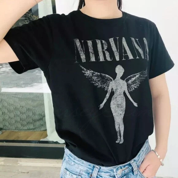 90&#039;s Black Nirvana Tour Concert Band Graphic Vintage Tee T-Shirt Top Women | eBay