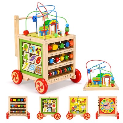 Lauflernwagen aus Holz - Höhenverstellbare Lauflernhilfe mit Puzzle und Zahle...