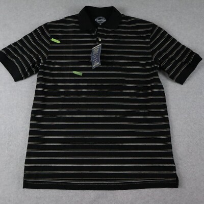 Consensus Polo Shirt Mens Medium Golf Casual Knit Black Striped Short Sleeve