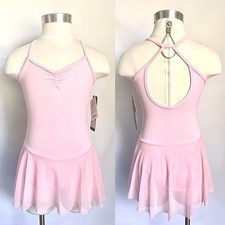 So Danca Girls Microfiber Cami Leotard Dress w/ Mesh Skirt, Lt Pink/ Black, NWT