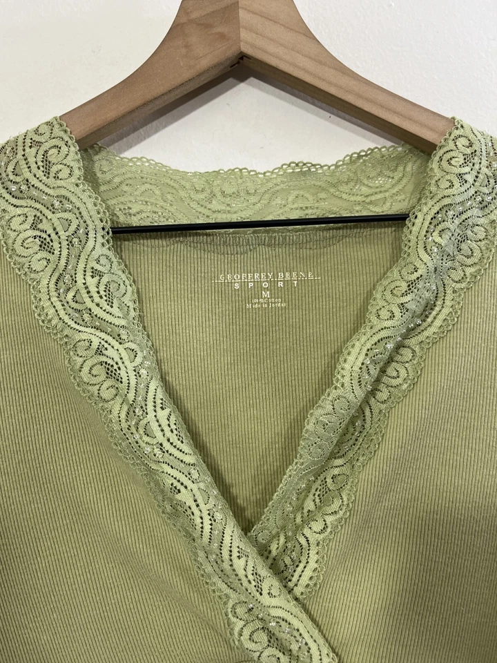 Babydoll Y2K Años 90 Acanalado Encaje Romántico Top Coqueta Suave Niña Delicada Muñeca Verde Foto 3 de 4