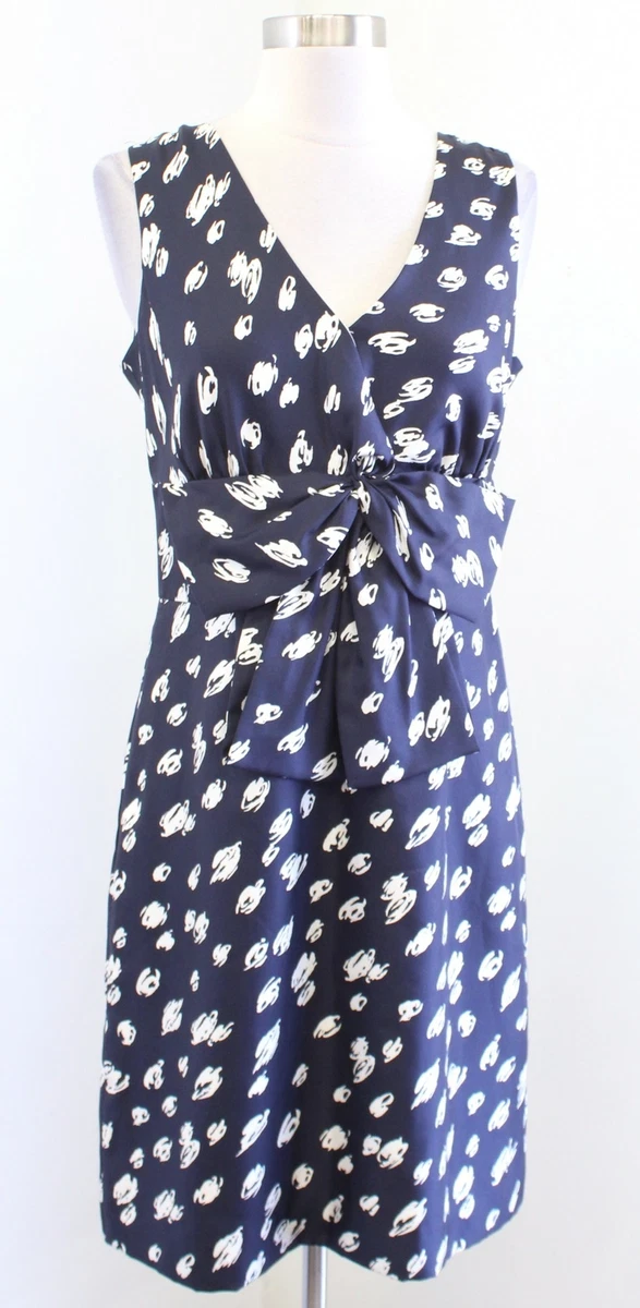 Kate Spade Blaine Navy Blue White Abstract Print Silk Bow Sheath