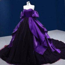 Purple Satin Ball Wedding Dresses Off Shoulder Puffy Gothic A-line Bridal Gowns