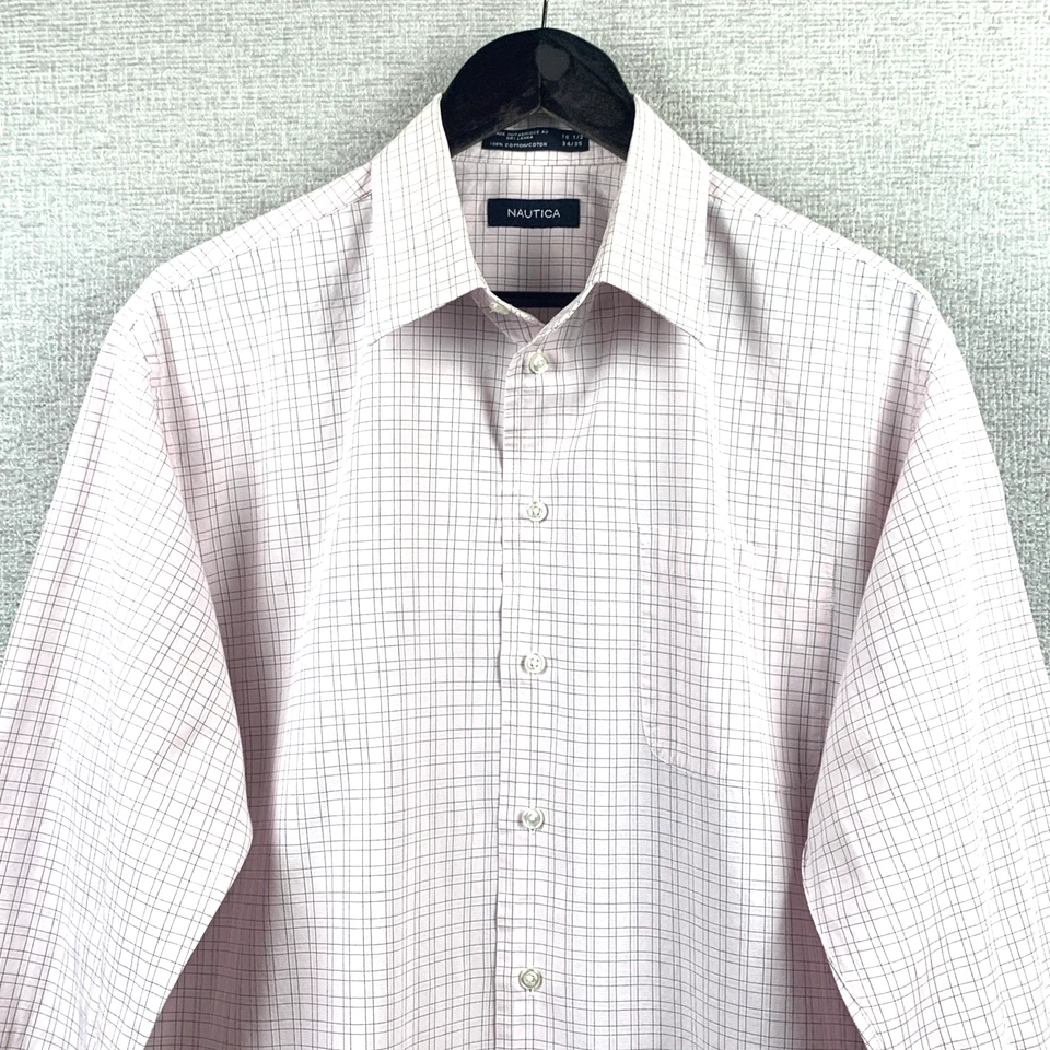 NAUTICA Button Up Dress Shirt Mens Sz 16 1/2 x 34/35 Pink Gray Window Pane Plaid - Image 2 of 4