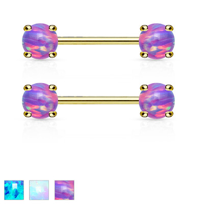 Pair Of 14G Opal Prong Set Barbells – Surgical Steel Nipple Rings – Blue Simulated Opal