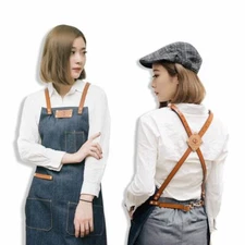 Denim Apron for kitchen coffe shop studio leather belt Cross straps Custom Logo