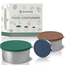 Set Of 3 Stainless Steel Food Storage Containers Silicone Lids Airtight Seal